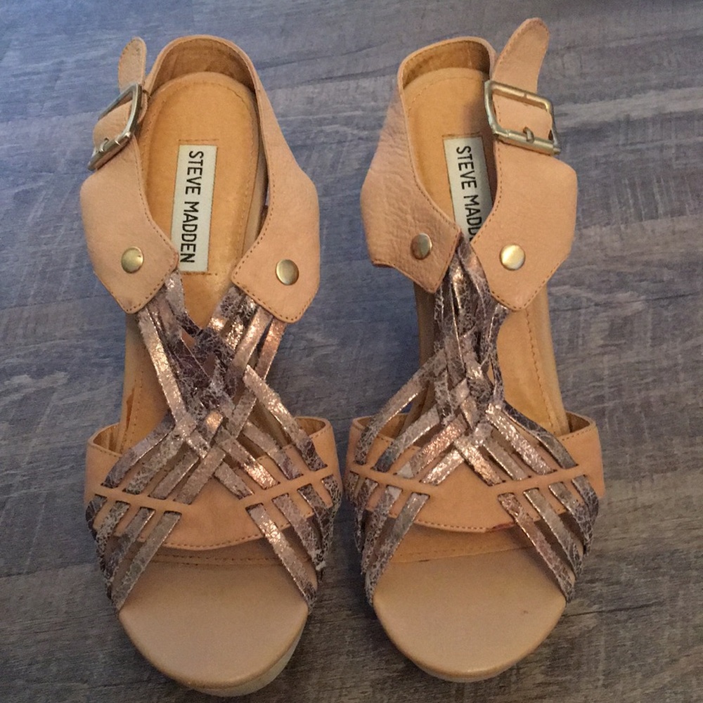Tan and metallic silver heels